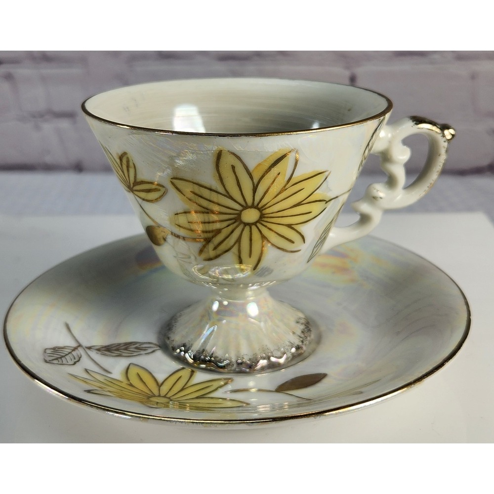 Handpainted Lustreware Beaded Yellow Flowers Silver Trim Teacup and Saucer Japan